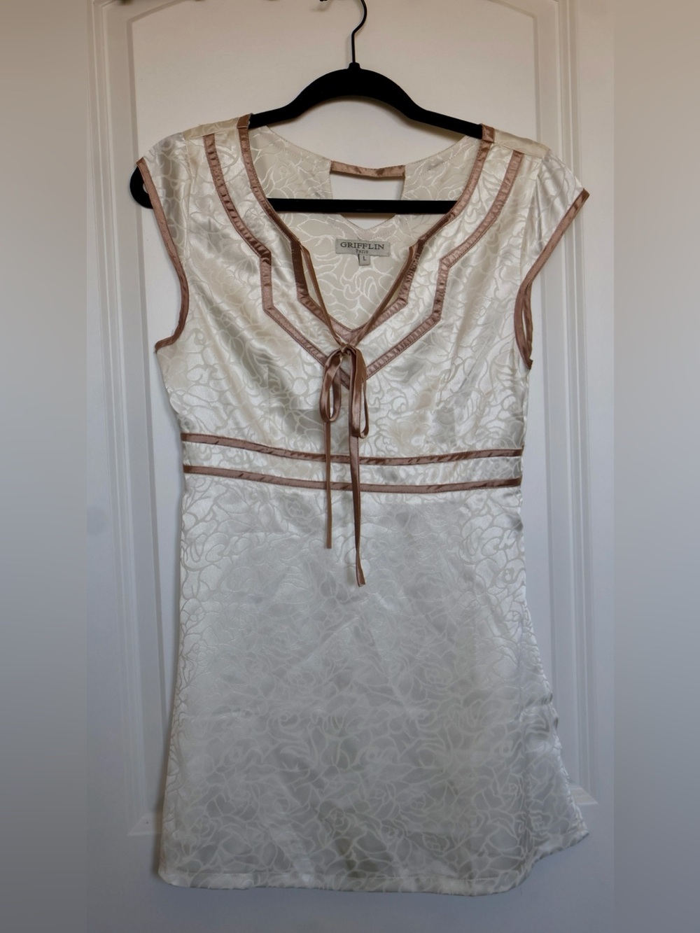 Grifflin Paris Ivory Satin Mini Dress with Taupe Trim